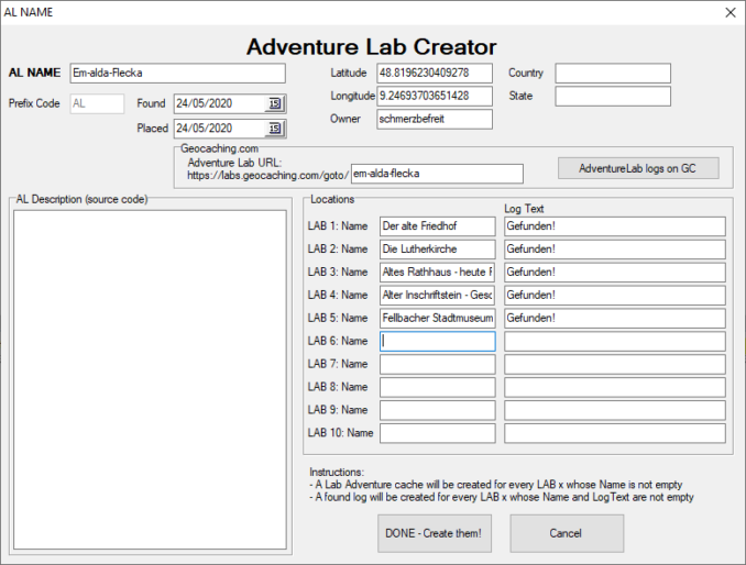 Der fertige Eintrag in Adventure Lab Creator